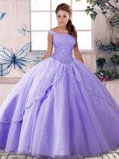 Classical Lavender Off The Shoulder Lace Up Beading Sweet 16 Quinceanera Dress Brush Train Sleeveless