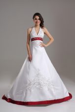 Admirable White Satin Lace Up Halter Top Sleeveless Wedding Dress Brush Train Beading and Embroidery