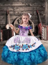 Off The Shoulder Sleeveless Lace Up High School Pageant Dress Aqua Blue Organza