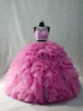 Classical Pink Scoop Beading and Ruffles Quinceanera Gown Brush Train