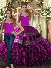Flirting Halter Top Sleeveless Quinceanera Dress Floor Length Embroidery and Ruffles Fuchsia Organza