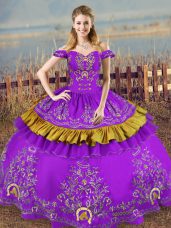 Colorful Purple Satin and Organza Lace Up Sweet 16 Dress Sleeveless Floor Length Embroidery