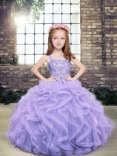 Lavender Ball Gowns Tulle Straps Sleeveless Beading and Ruffles Floor Length Lace Up Little Girl Pageant Gowns