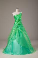 Shining Floor Length Lace Up Quinceanera Gowns Green for Sweet 16 and Quinceanera with Hand Made Flower