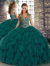 Adorable Beading and Ruffles Sweet 16 Dress Peacock Green Lace Up Sleeveless Floor Length