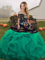 Customized Embroidery and Ruffles Quinceanera Gowns Turquoise Lace Up Sleeveless Floor Length