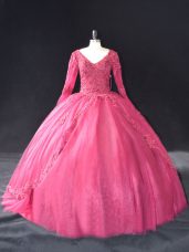 Tulle V-neck Long Sleeves Lace Up Lace and Appliques Quinceanera Dress in Hot Pink