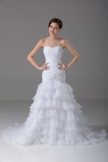 New Style White Mermaid Organza Sweetheart Sleeveless Beading and Ruffled Layers Lace Up Wedding Gown Brush Train