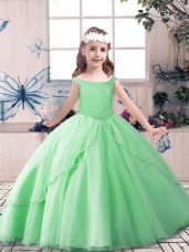 Beauteous Tulle Off The Shoulder Sleeveless Lace Up Beading Little Girl Pageant Dress in Apple Green