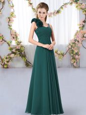 Romantic Sleeveless Chiffon Floor Length Lace Up Dama Dress for Quinceanera in Peacock Green with Hand Made Flower