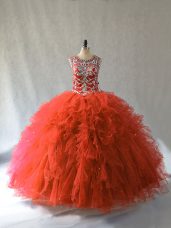 Sleeveless Tulle Floor Length Lace Up Quince Ball Gowns in Orange Red with Beading and Ruffles