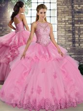 Amazing Rose Pink Ball Gowns Tulle Scoop Sleeveless Lace and Embroidery and Ruffles Floor Length Lace Up Quince Ball Gowns