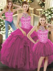 Custom Made Fuchsia Vestidos de Quinceanera Military Ball and Sweet 16 and Quinceanera with Beading and Ruffles Halter Top Sleeveless Lace Up