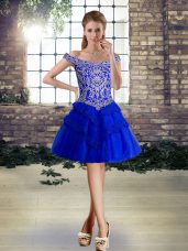 Mini Length Lace Up High School Pageant Dress Royal Blue for Prom and Party with Beading and Lace