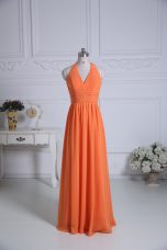 Beautiful Sleeveless Floor Length Ruching Zipper Bridesmaids Dress with Orange