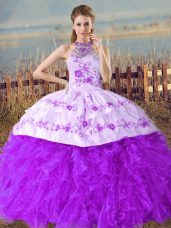 Trendy Purple Sleeveless Court Train Embroidery and Ruffles Floor Length 15th Birthday Dress