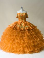 Organza Off The Shoulder Sleeveless Lace Up Embroidery and Ruffled Layers 15th Birthday Dress in Gold