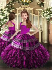 Purple Ball Gowns Organza Straps Sleeveless Appliques and Ruffles Floor Length Lace Up Little Girl Pageant Dress