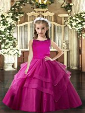 Fuchsia Ball Gowns Tulle Scoop Sleeveless Ruffled Layers Floor Length Lace Up Kids Formal Wear