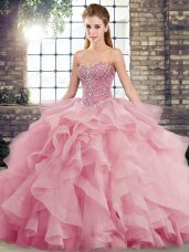 Fabulous Pink Lace Up Sweetheart Beading and Ruffles Quinceanera Gown Tulle Sleeveless Brush Train