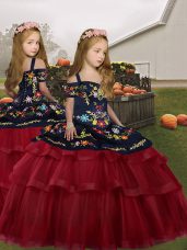Tulle Sleeveless Floor Length Kids Formal Wear and Embroidery and Ruffled Layers