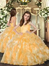 Nice Gold Ball Gowns Ruffles Child Pageant Dress Lace Up Organza Sleeveless Floor Length