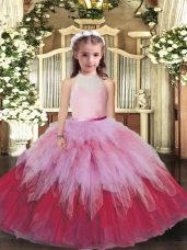 Multi-color Ball Gowns Tulle High-neck Sleeveless Ruffles Floor Length Backless Kids Formal Wear