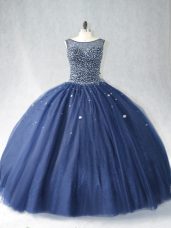 Navy Blue Ball Gowns Tulle Scoop Sleeveless Beading Zipper Sweet 16 Quinceanera Dress