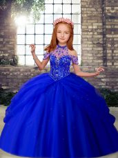 Floor Length Lace Up Kids Pageant Dress Royal Blue for Party and Wedding Party with Beading