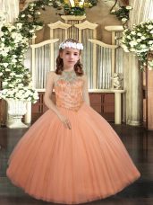 Graceful Ball Gowns Pageant Gowns For Girls Peach Halter Top Tulle Sleeveless Floor Length Lace Up