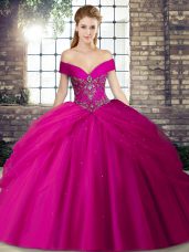 Superior Fuchsia Ball Gowns Beading and Pick Ups Vestidos de Quinceanera Lace Up Tulle Sleeveless
