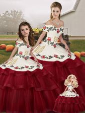 High Class Sleeveless Embroidery and Ruffled Layers Lace Up Quinceanera Dress with Wine Red Brush Train