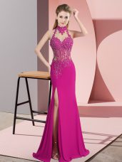 Classical Fuchsia Sleeveless Floor Length Lace and Appliques Backless Prom Dress