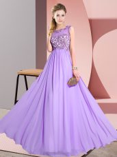 Lavender Empire Chiffon Scoop Sleeveless Beading and Appliques Floor Length Backless Bridesmaids Dress
