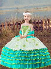 Straps Sleeveless Organza Child Pageant Dress Beading and Embroidery and Ruffled Layers Lace Up