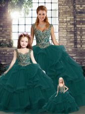 Attractive Straps Sleeveless Sweet 16 Dress Floor Length Beading and Ruffles Peacock Green Tulle
