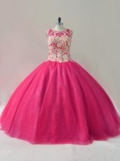 Fitting Hot Pink Scoop Lace Up Appliques Quinceanera Gowns Sleeveless