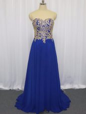Extravagant Royal Blue Empire Lace and Appliques Prom Dress Zipper Chiffon Sleeveless