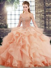 Peach Ball Gowns Beading and Ruffles Sweet 16 Quinceanera Dress Lace Up Tulle Sleeveless