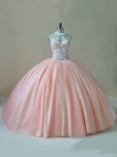 Ball Gowns Sweet 16 Dresses Peach Halter Top Tulle Sleeveless Floor Length Lace Up