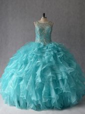 Unique Aqua Blue Ball Gowns Scoop Sleeveless Organza Floor Length Lace Up Beading and Ruffles Quinceanera Dress