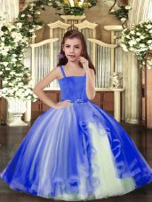 Great Sleeveless Floor Length Beading Lace Up Little Girls Pageant Gowns with Blue
