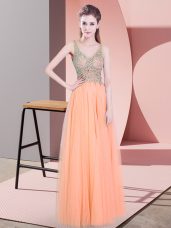 Empire Prom Dresses Orange V-neck Tulle Sleeveless Floor Length Zipper