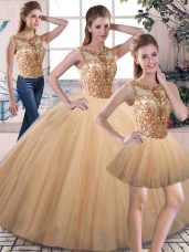 Vintage Gold Tulle Lace Up Quinceanera Dresses Sleeveless Floor Length Beading