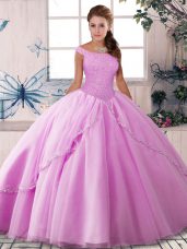 Brush Train Ball Gowns Quince Ball Gowns Lilac Off The Shoulder Tulle Sleeveless Lace Up