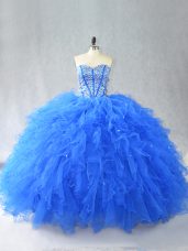 Blue 15 Quinceanera Dress Sweet 16 and Quinceanera with Beading and Ruffles Sweetheart Sleeveless Lace Up