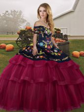 Tulle Sleeveless Quince Ball Gowns Brush Train and Embroidery and Ruffled Layers