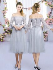 Grey Tulle Lace Up Bridesmaid Dress 3 4 Length Sleeve Tea Length Lace and Belt
