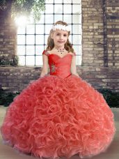 Custom Fit Straps Sleeveless Girls Pageant Dresses Floor Length Beading and Ruching Red Fabric With Rolling Flowers