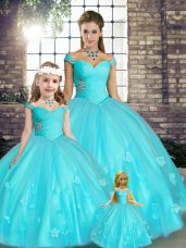 Fabulous Sleeveless Floor Length Beading and Appliques Lace Up Quince Ball Gowns with Aqua Blue